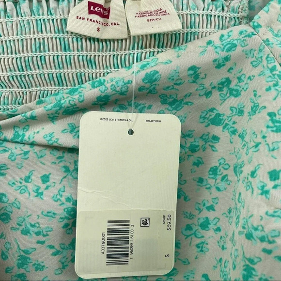 Levi's Blouse Women's Sz S Green Yvie Standard Fit Floral Puff Sleeves Cropped - Picture 7 of 8